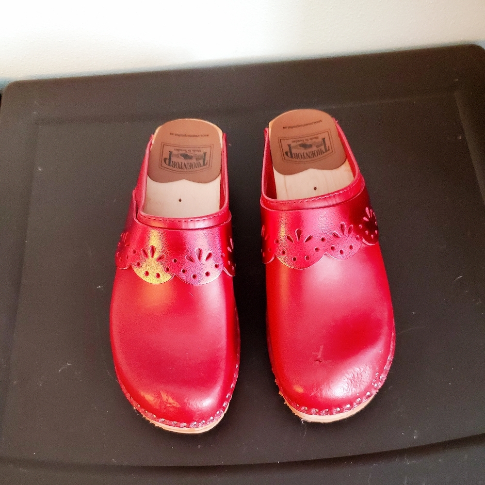 Red Leather Mules with Floral Accents